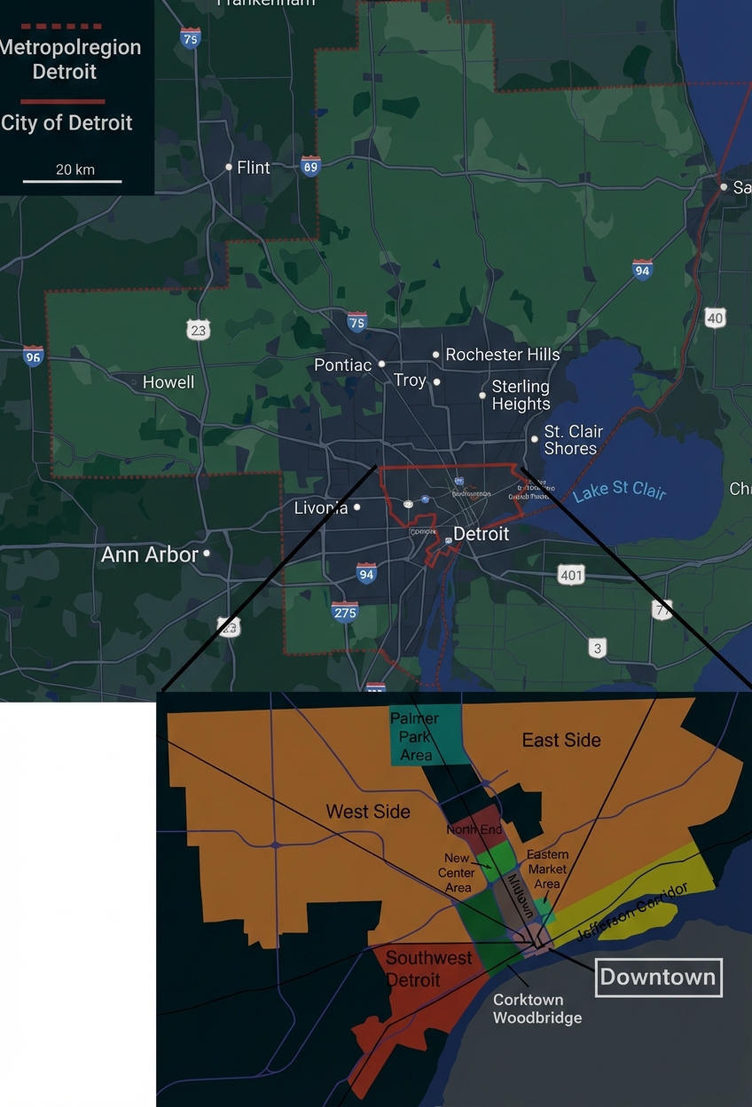 Zweiteilige Karte: Metroregion Detroit oben; vergrößerter Stadtplan mit Downtown, West Side, East Side und Southwest Detroit unten.